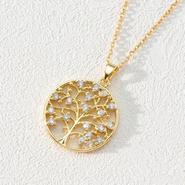 Collier Arbre de Vie Doré en Acier Inoxydable & Strass Blancs